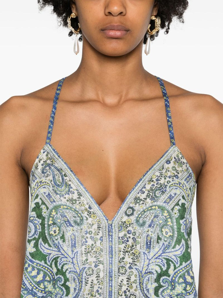 Green Printed Linen Minidress