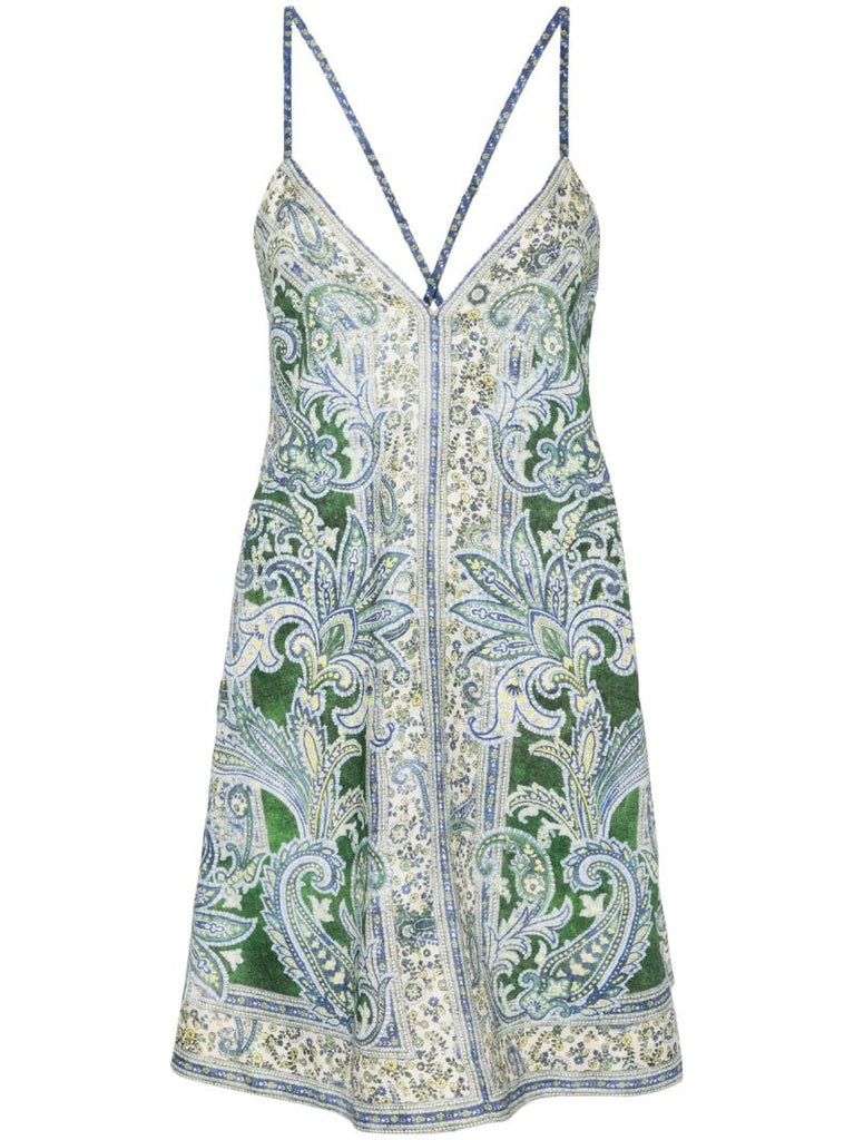 Green Printed Linen Minidress