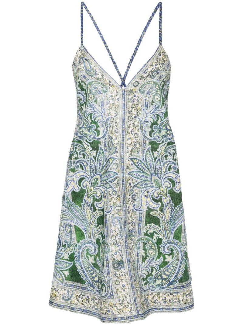 Green Printed Linen Minidress