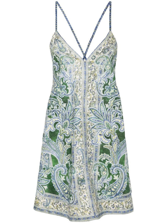 Green Printed Linen Minidress