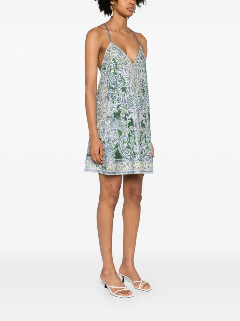 Green Printed Linen Minidress