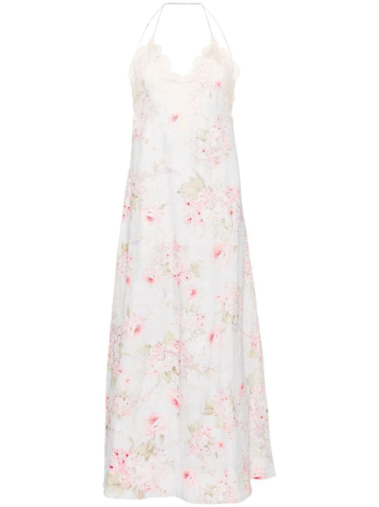 Light Blue Floral Linen Maxi Dress
