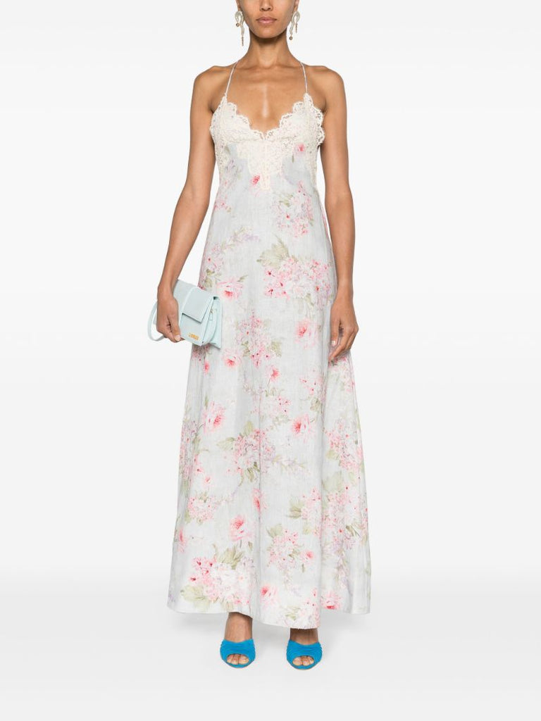 Light Blue Floral Linen Maxi Dress