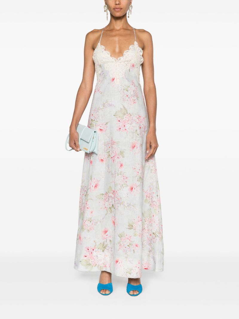 Light Blue Floral Linen Maxi Dress
