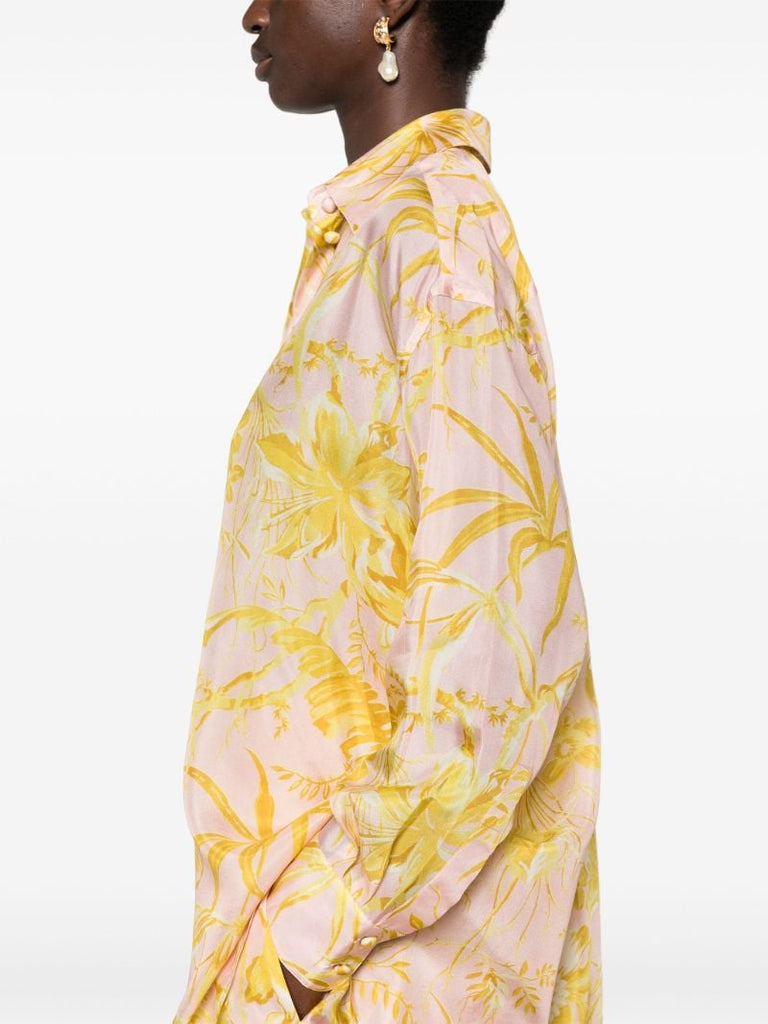 Pink Leaf-print Silk Shirt