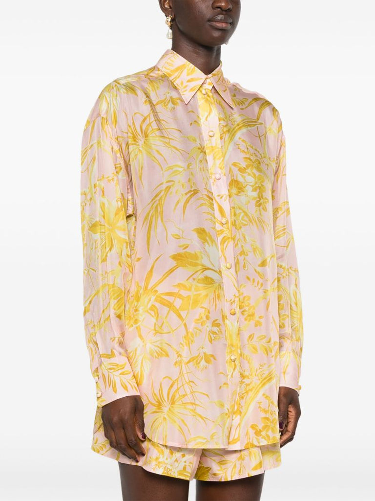 Pink Leaf-print Silk Shirt