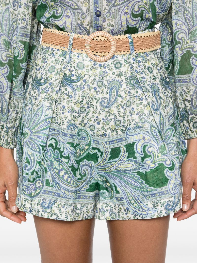 Green Paisley Print Flared Belted Skorts