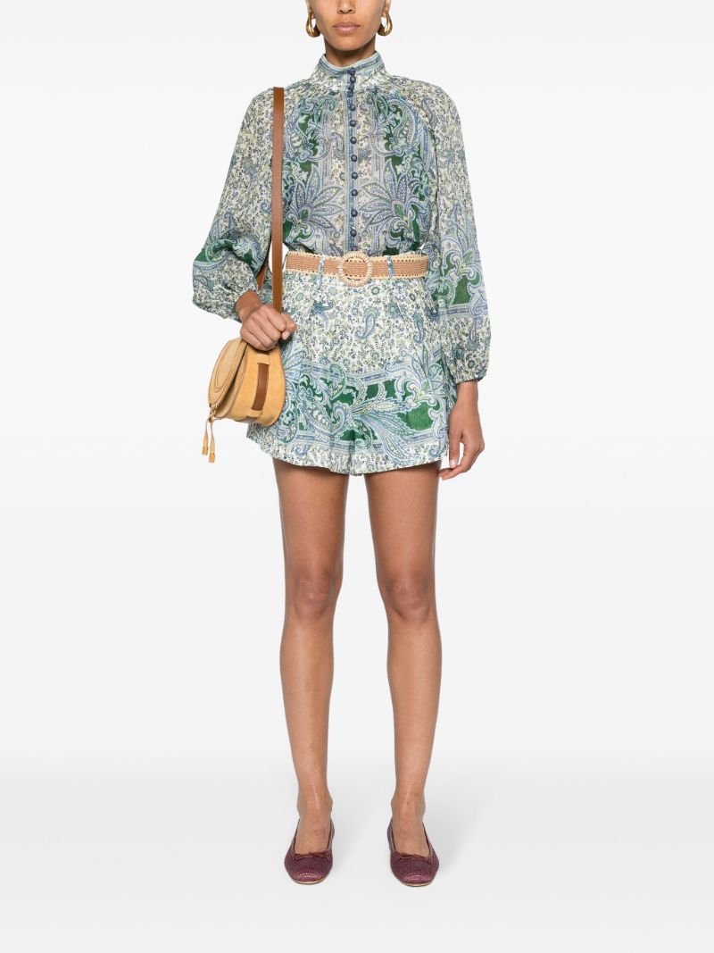 Green Paisley Print Flared Belted Skorts