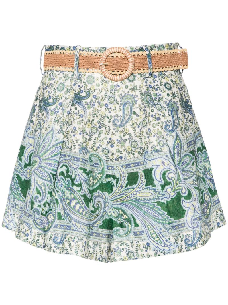 Green Paisley Print Flared Belted Skorts