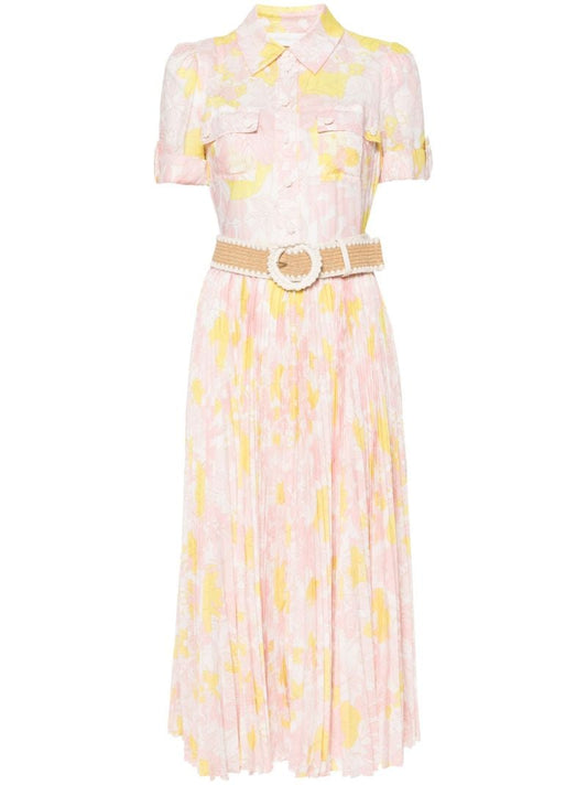 Pink Floral-print Belted Dress