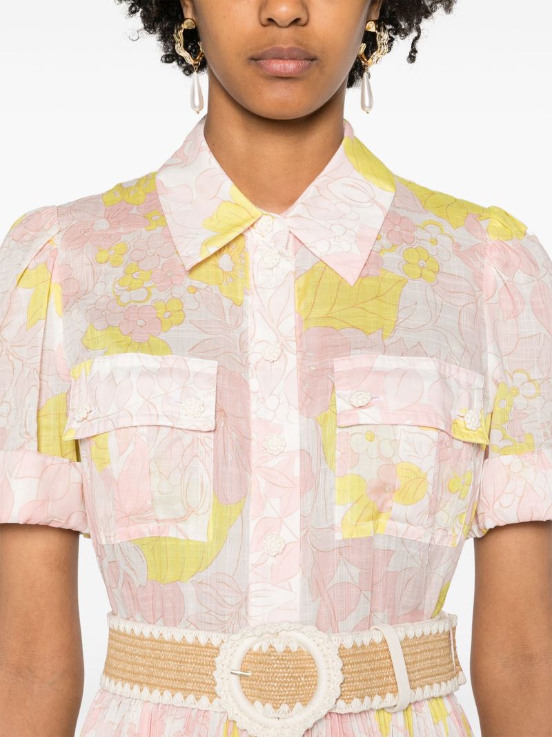 Pink Floral-print Belted Dress