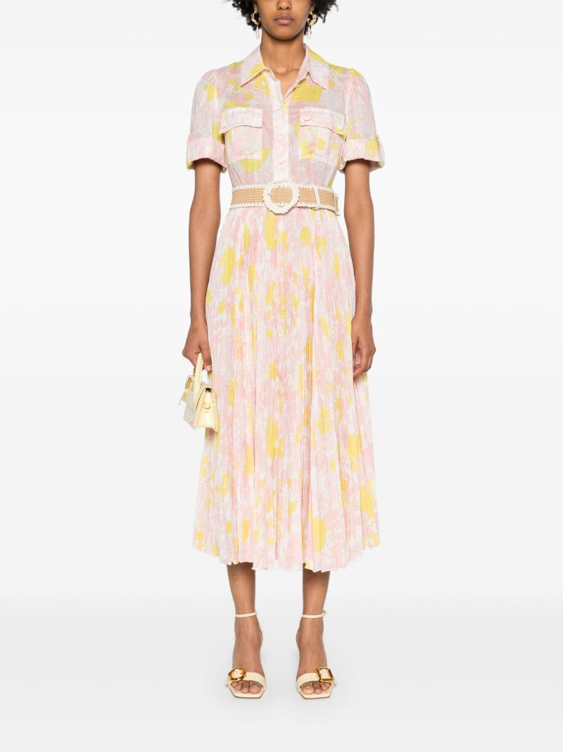 Pink Floral-print Belted Dress