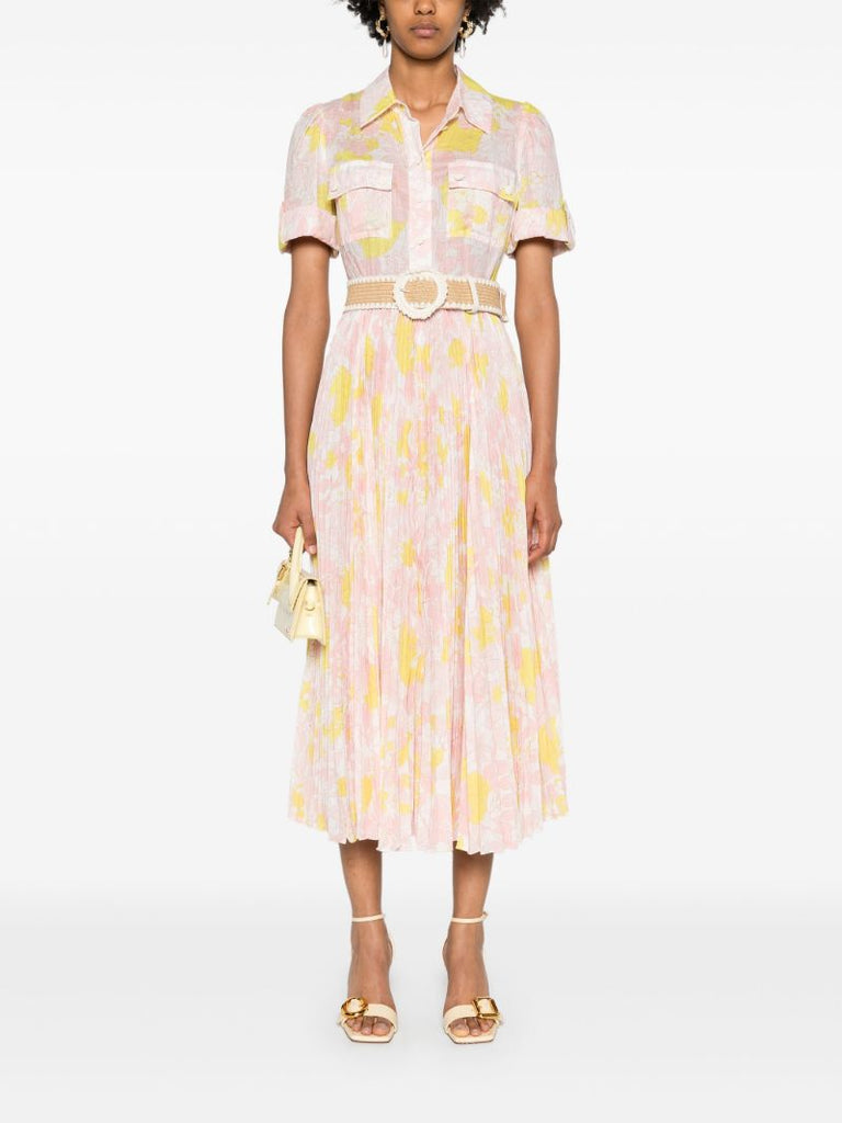 Pink Floral-print Belted Dress