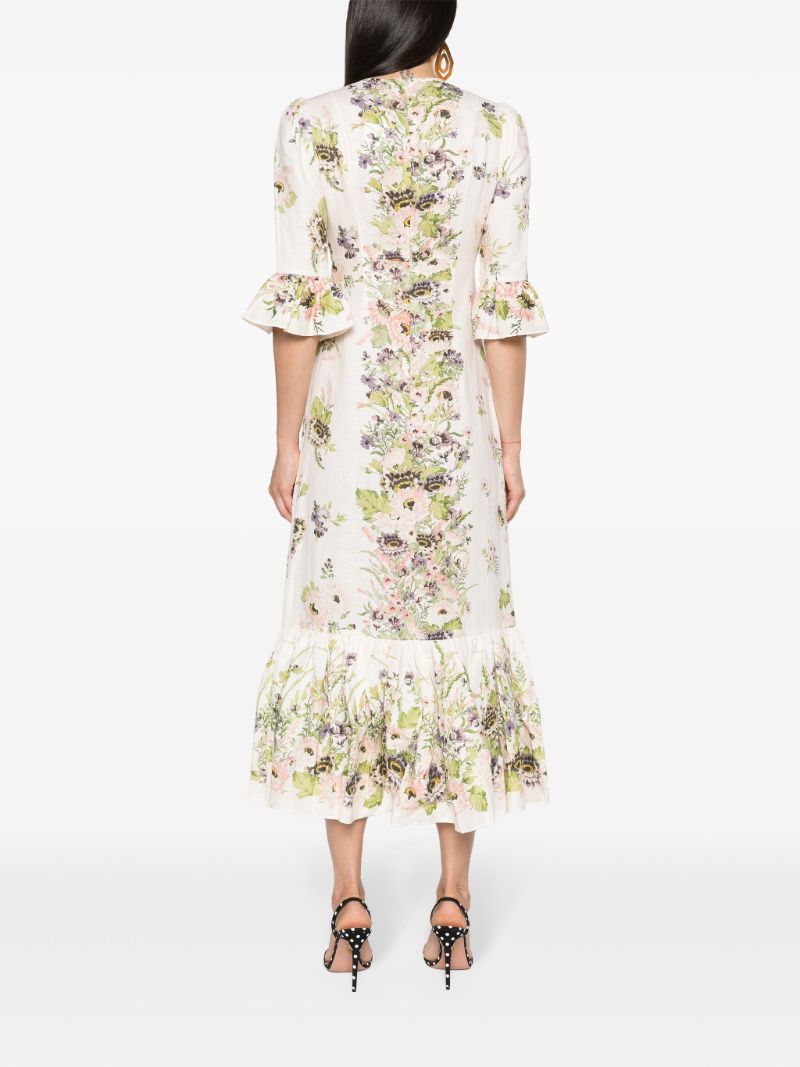 White Floral-print Linen Dress