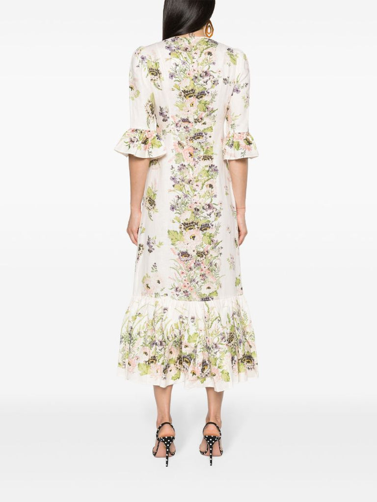 White Floral-print Linen Dress