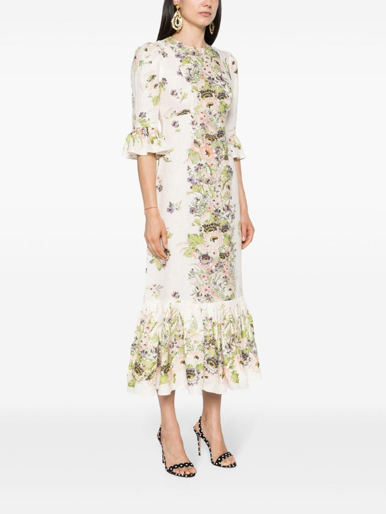 White Floral-print Linen Dress