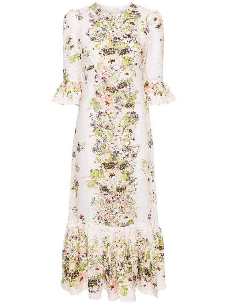 White Floral-print Linen Dress