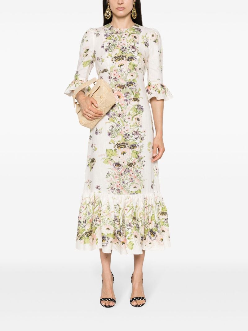 White Floral-print Linen Dress
