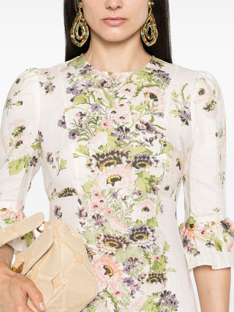 White Floral-print Linen Dress
