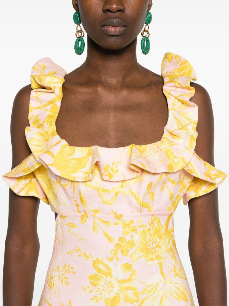 Pink Golden Ruffled Linen Dress