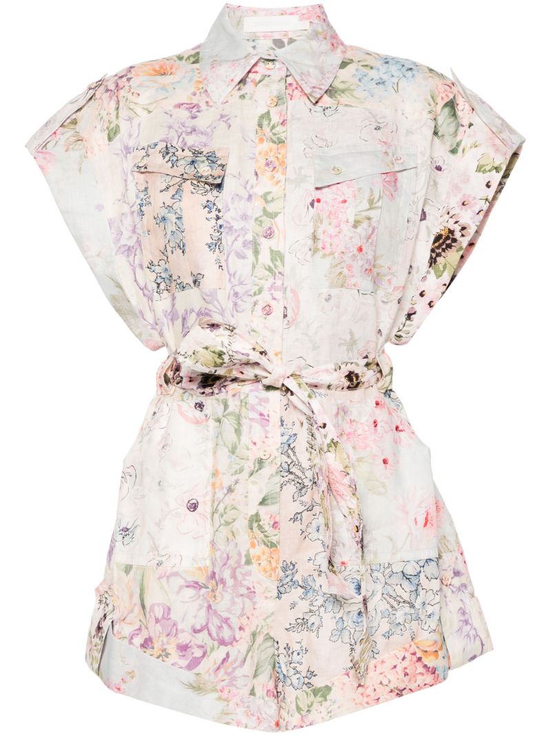 Multicolour Floral Short-sleeved Linen Playsuit