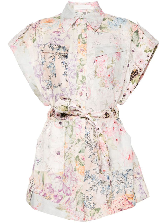 Multicolour Floral Short-sleeved Linen Playsuit
