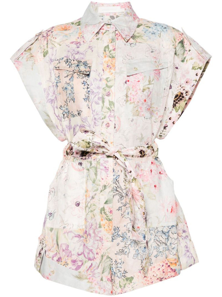 Multicolour Floral Short-sleeved Linen Playsuit