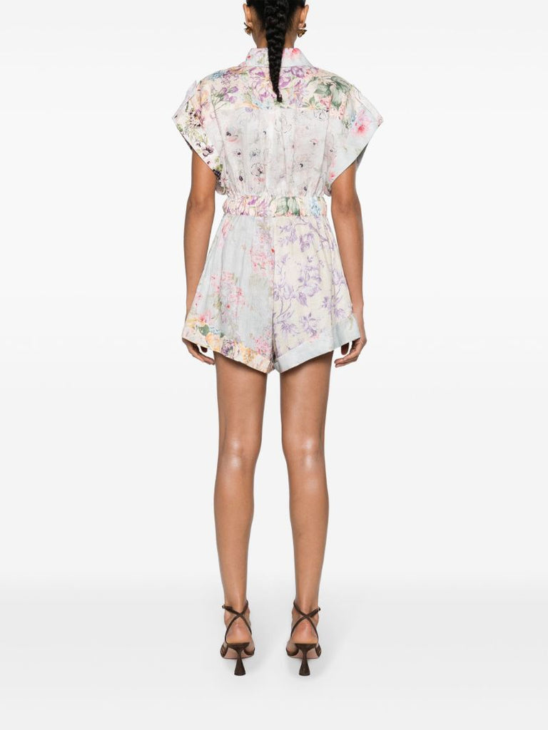 Multicolour Floral Short-sleeved Linen Playsuit