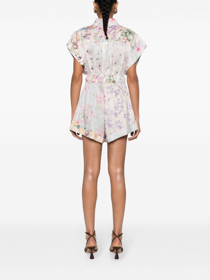 Multicolour Floral Short-sleeved Linen Playsuit