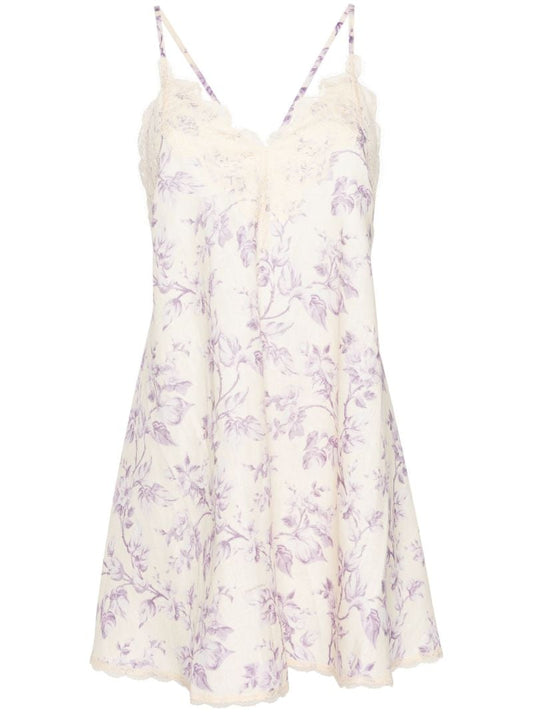 Light Yellow and Lilac Floral Linen Dress