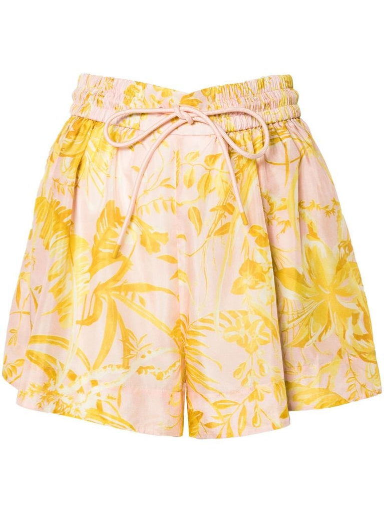 Pink Leaf-print Silk Shorts