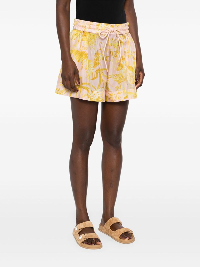 Pink Leaf-print Silk Shorts