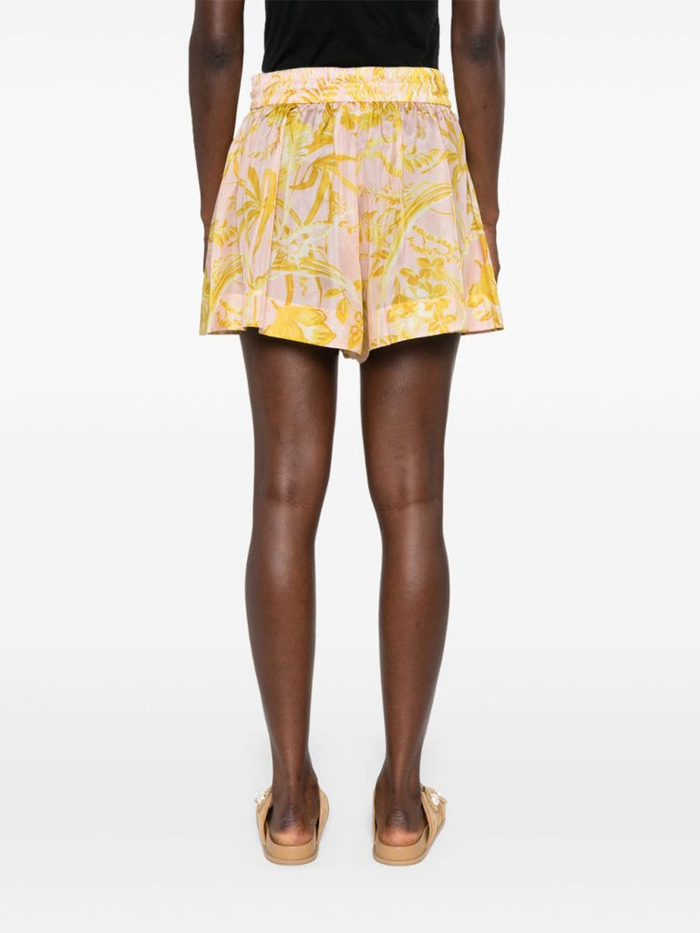 Pink Leaf-print Silk Shorts