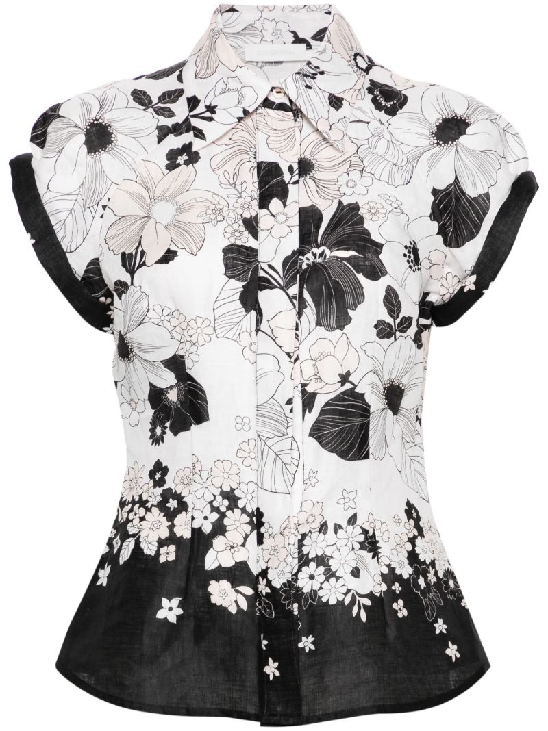 White Floral-print Linen Shirt