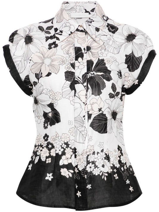 White Floral-print Linen Shirt