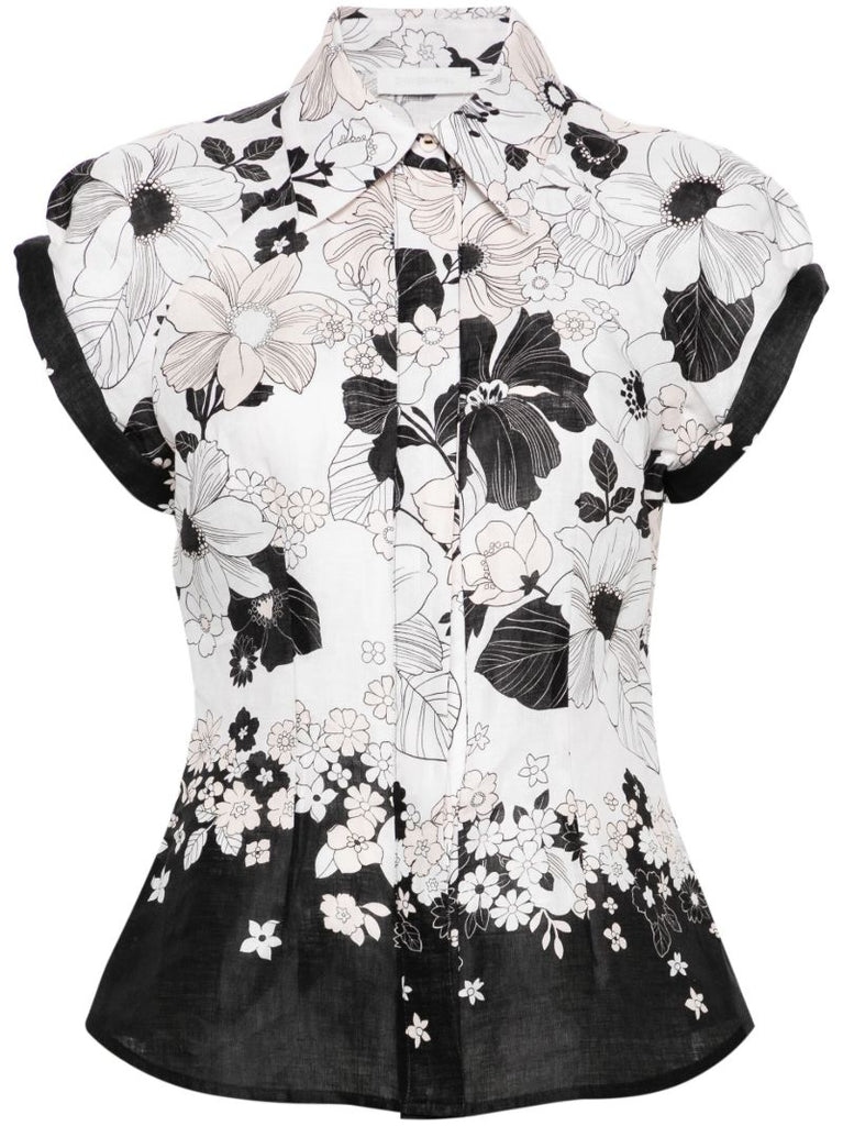 White Floral-print Linen Shirt