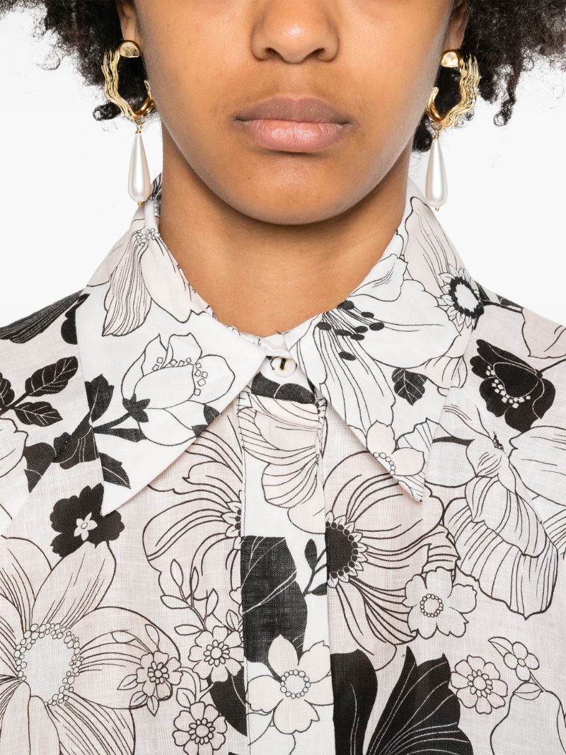 White Floral-print Linen Shirt