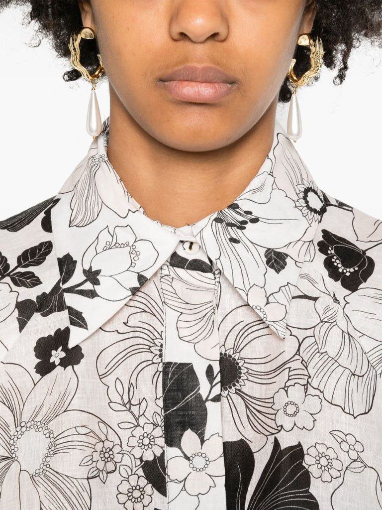 White Floral-print Linen Shirt