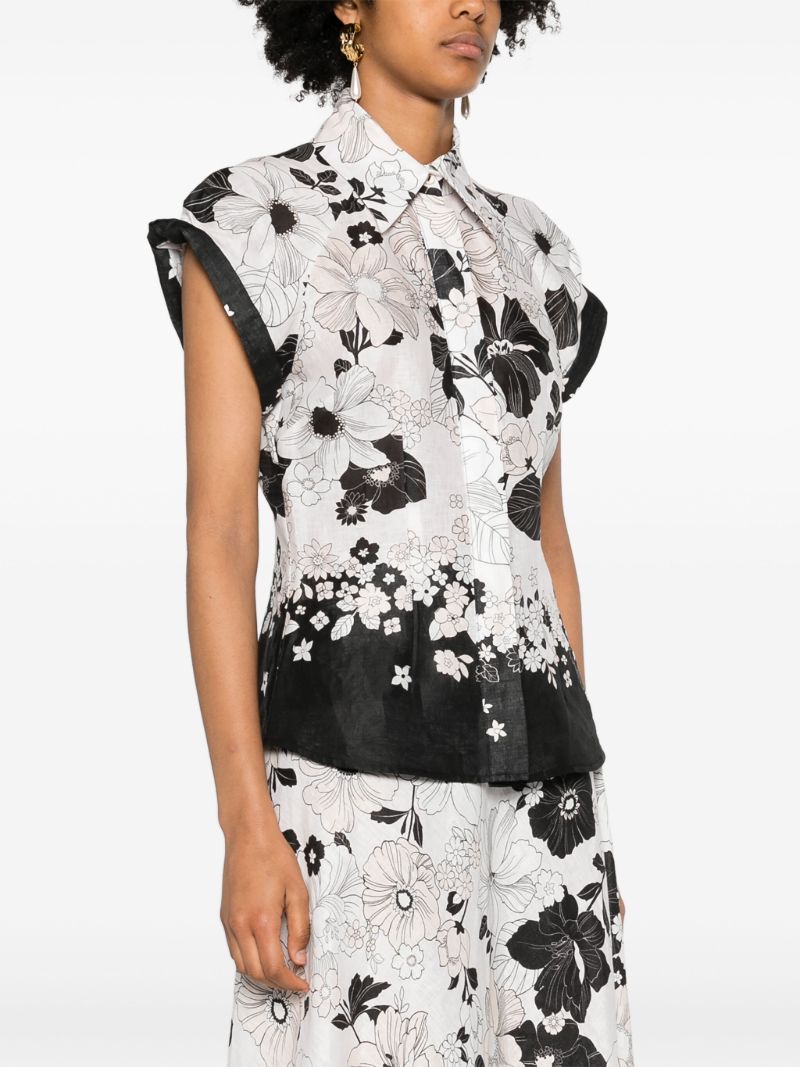White Floral-print Linen Shirt