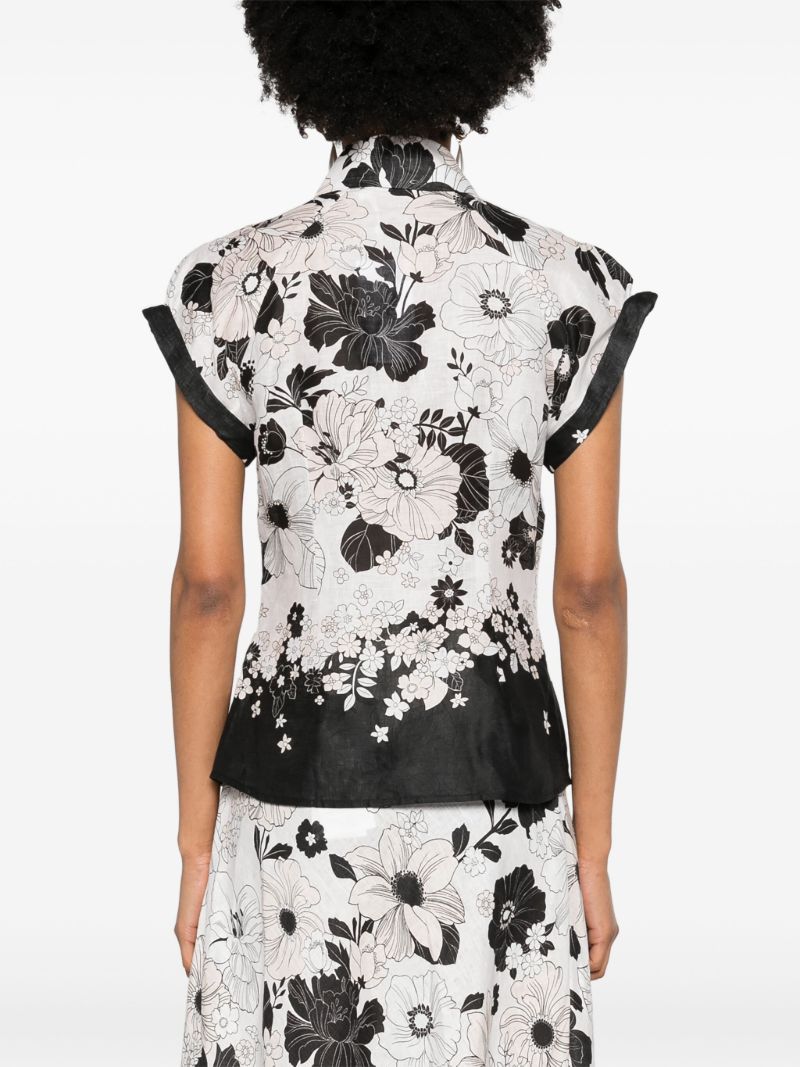 White Floral-print Linen Shirt
