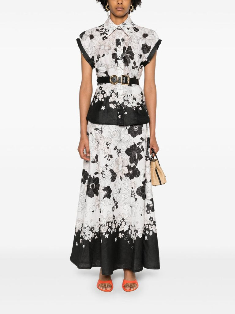 White Floral-print Linen Shirt