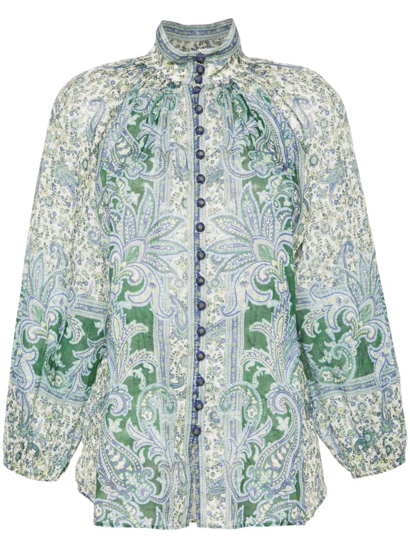 Green and White Paisley Print High Neck Shirt