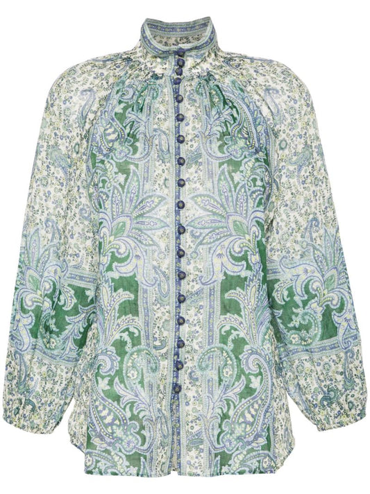 Green and White Paisley Print High Neck Shirt