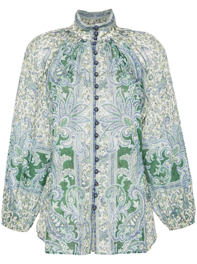 Green and White Paisley Print High Neck Shirt