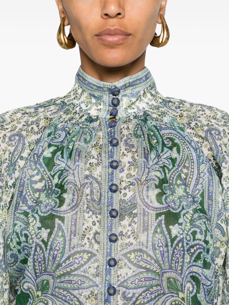 Green and White Paisley Print High Neck Shirt
