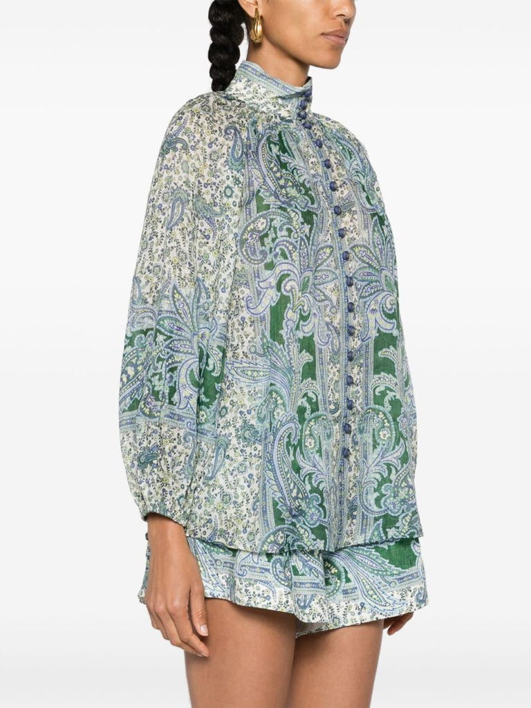 Green and White Paisley Print High Neck Shirt