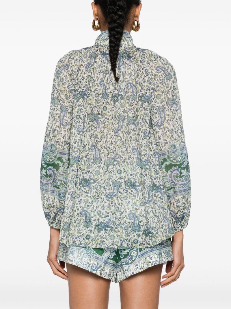 Green and White Paisley Print High Neck Shirt