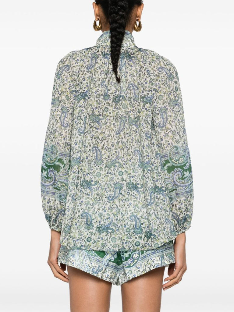 Green and White Paisley Print High Neck Shirt