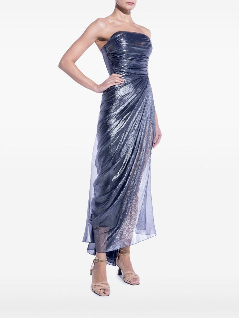 Blue Metallic Strapless Midi Dress