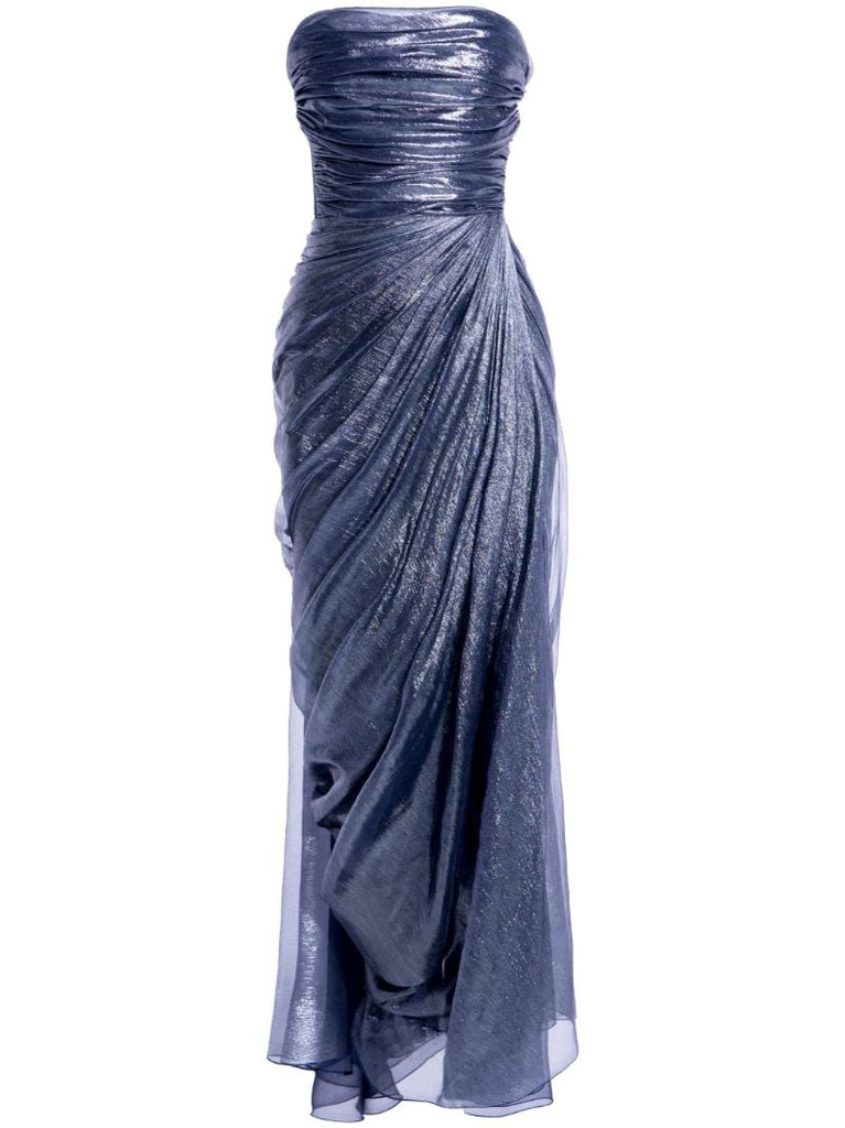 Blue Metallic Strapless Midi Dress